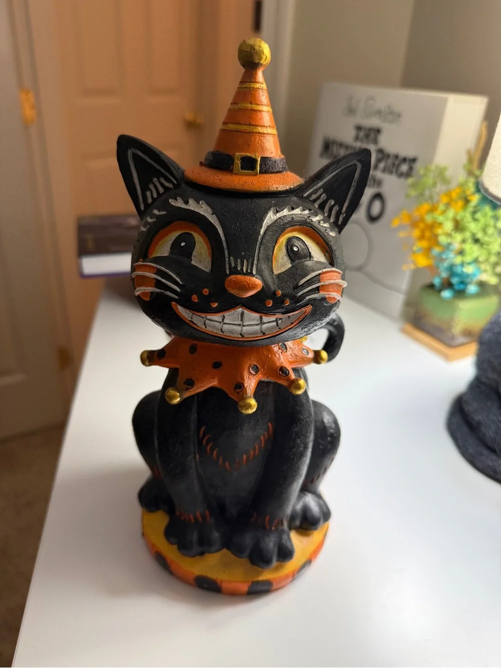 Whimsical Vintage Looking Halloween Black Cat Figurine with Orange Accents